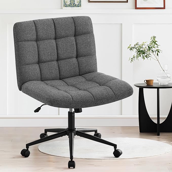 Furniliving Armless Office Desk Chair, Linen Fabric Padded Swivel Chair, Adjustable Home Office Chair with 360° Wheels, Wide Criss Cross Chair for Desk for Living Room, Bedroom, Darkgrey - LeafyLoom