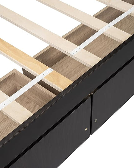 Twin Size Platform Bed with L-Shaped Bookcase and 2 Drawers, Wooden DayBed Bedframe with Storage Headboard for Bedroom Guest Room, Espresso - LeafyLoom