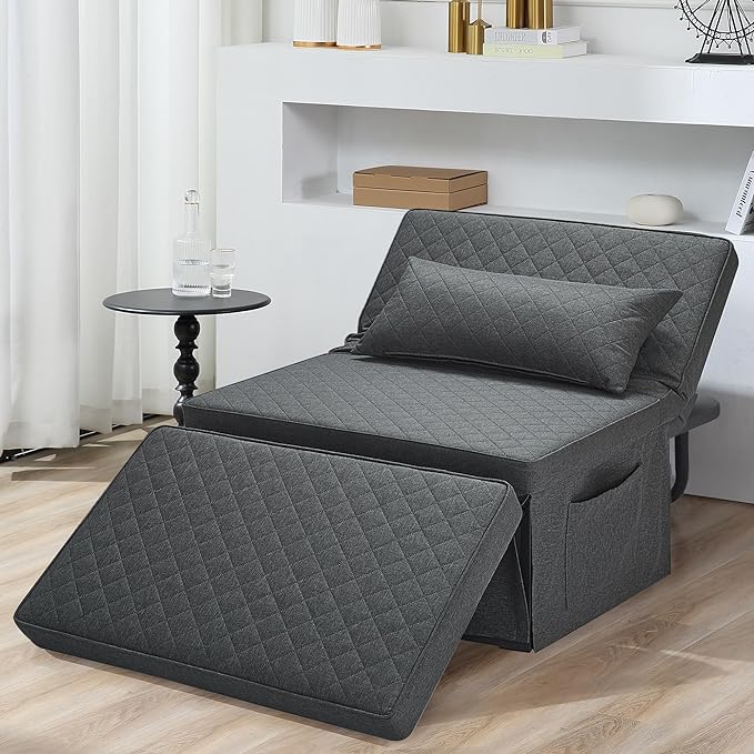 Sofa Bed, 4 in 1 Multi-Function Folding Ottoman Breathable Linen Couch Bed with Adjustable Backrest Modern Convertible Chair for Living Room Apartment Office,Squared-Linen Dark Grey - LeafyLoom