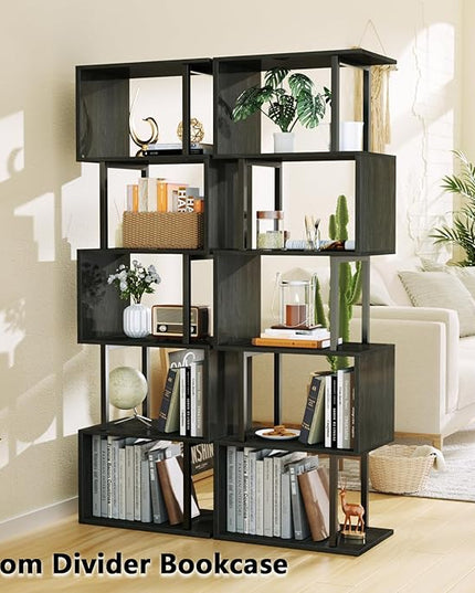 Furologee 6 Tier Bookshelf Tall Geometric Bookcase, S-Shaped Industrial Display Standing Shelf, Metal and Wood Decorative Storage Room Divider Shelves for Bedroom, Living Room, Office, Light Black Oak - LeafyLoom