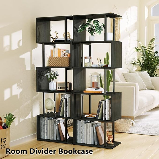 Furologee 6 Tier Bookshelf Tall Geometric Bookcase, S-Shaped Industrial Display Standing Shelf, Metal and Wood Decorative Storage Room Divider Shelves for Bedroom, Living Room, Office, Light Black Oak - LeafyLoom
