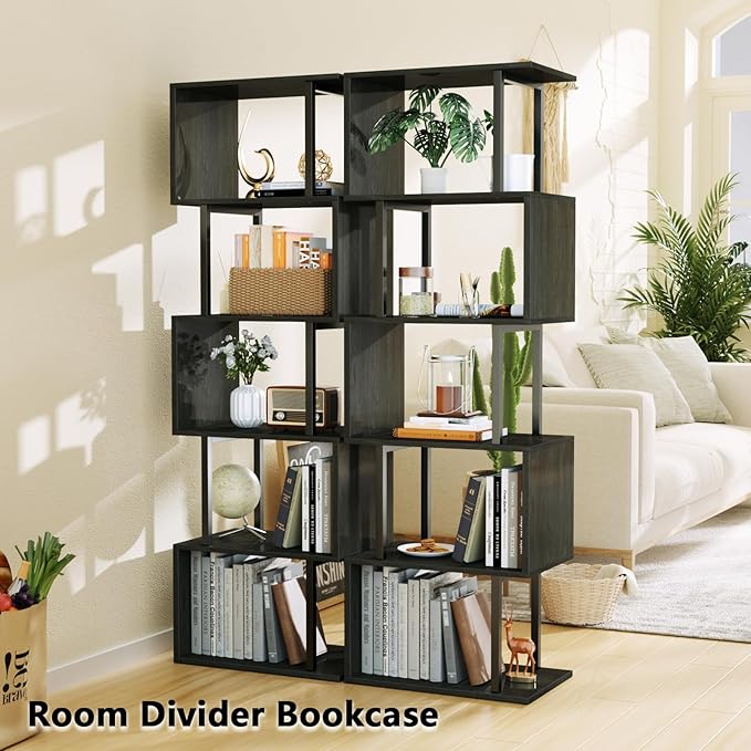Furologee 6 Tier Bookshelf Tall Geometric Bookcase, S-Shaped Industrial Display Standing Shelf, Metal and Wood Decorative Storage Room Divider Shelves for Bedroom, Living Room, Office, Light Black Oak - LeafyLoom