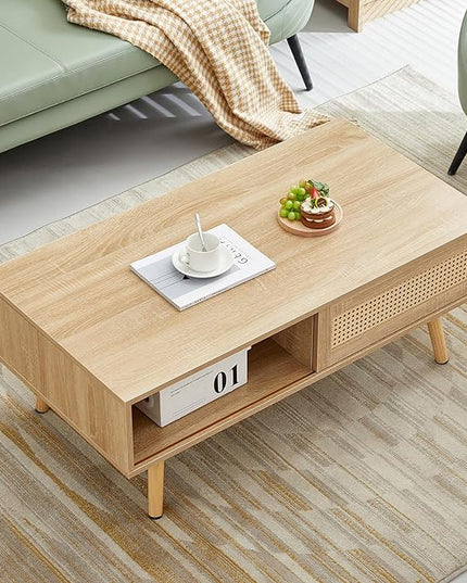 Brafab Rattan Coffee Storage Rectangle Accent Center Sofa Table with Sliding Door Panel Solid Wood Legsfor Living Room, 41.34" L x 21.65" W x 16.34" H, Natural - LeafyLoom