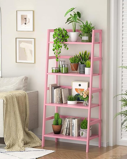 Homykic Bamboo Ladder Bookshelf, 4-Tier Ladder Shelf Open Book Shelf Freestanding Bookcase Bathroom Storage Rack Plant Stand for Living Room, Bedroom, Office, Easy Assembly, Pink - LeafyLoom