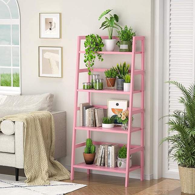 Homykic Bamboo Ladder Bookshelf, 4-Tier Ladder Shelf Open Book Shelf Freestanding Bookcase Bathroom Storage Rack Plant Stand for Living Room, Bedroom, Office, Easy Assembly, Pink - LeafyLoom