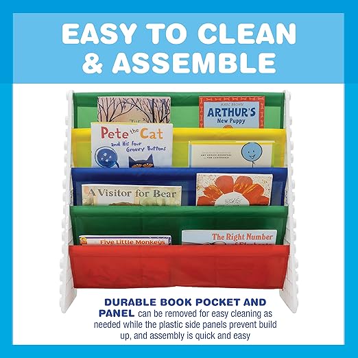 UNiPLAY Kids 4-Tier Book Storage Organizer with Sling Book Pockets, Plastic Sling Rack Bookshelf for Playroom, Fits Blocks, White/Primary - LeafyLoom