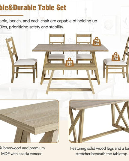 Merax Table Cross Legs, Kitchen Set with 4 Upholstered Dining Chairs and Solid Wood Bench, 6-Piece Farmhouse, Natural - LeafyLoom