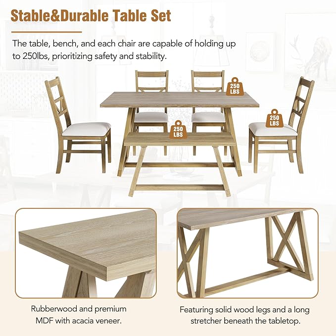 Merax Table Cross Legs, Kitchen Set with 4 Upholstered Dining Chairs and Solid Wood Bench, 6-Piece Farmhouse, Natural - LeafyLoom