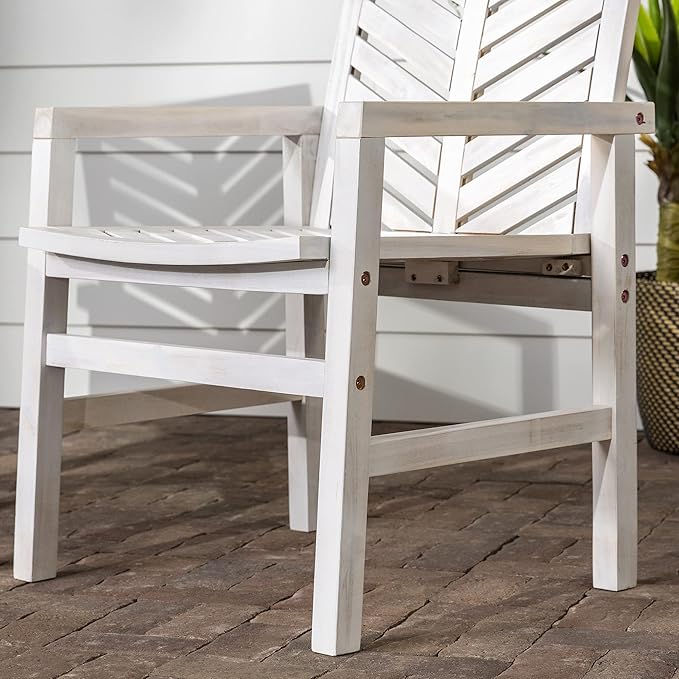 Walker Edison AZWC2VINWW Avalon Chevron Solid Acacia Wood Outdoor Chair, White Wash - LeafyLoom