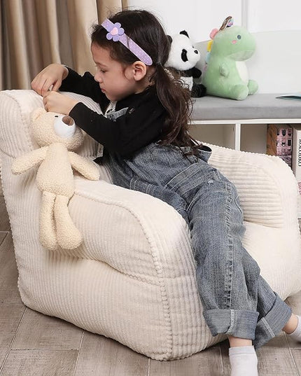 Kids Bean Bag Chair with a Plush Bear, Comfy Toddler Chair for Boys and Girls, Beige - LeafyLoom
