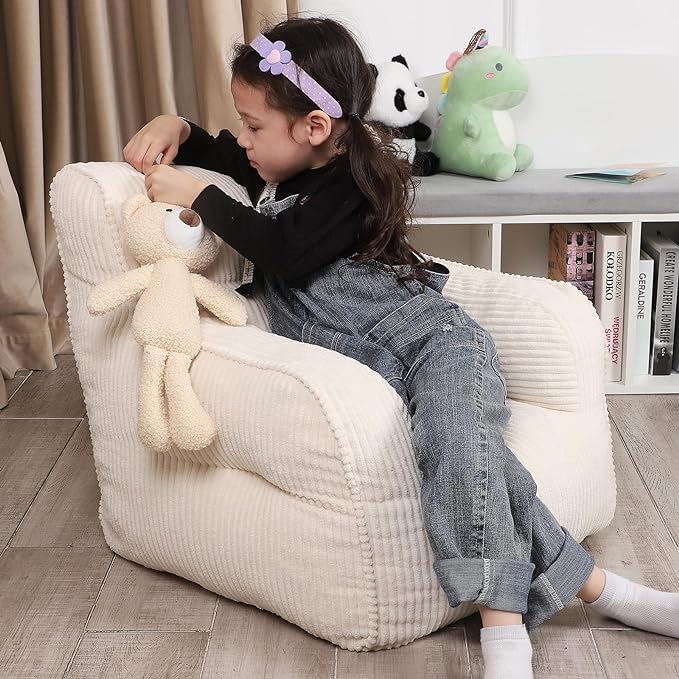 Kids Bean Bag Chair with a Plush Bear, Comfy Toddler Chair for Boys and Girls, Beige - LeafyLoom