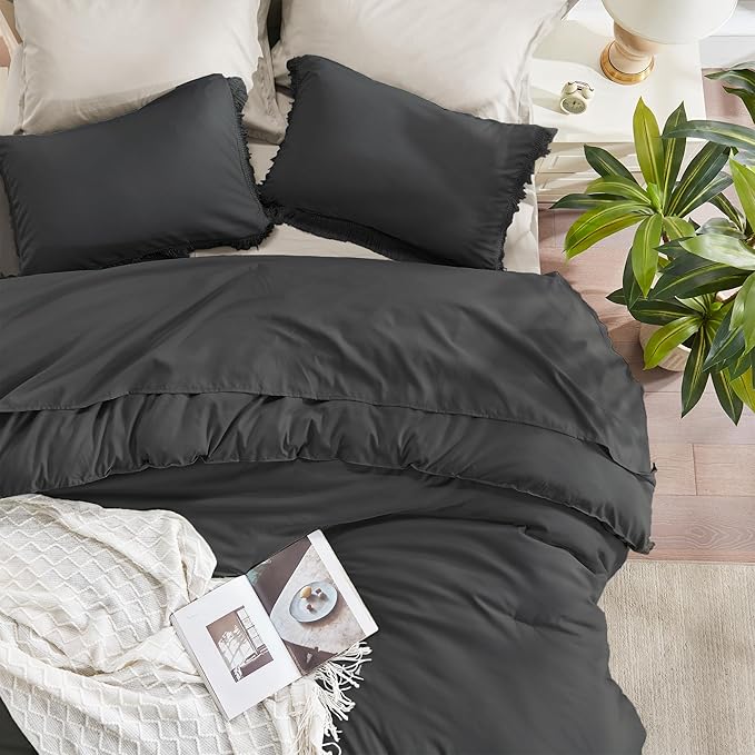 Andency Comforter King Size Bed Set Dark Grey, 3 Pieces Boho Lightweight Winter Bedding Comforters & Sets, All Season Soft Tassel Bed Set (104x90In Comforter & 2 Pillowcases) - LeafyLoom