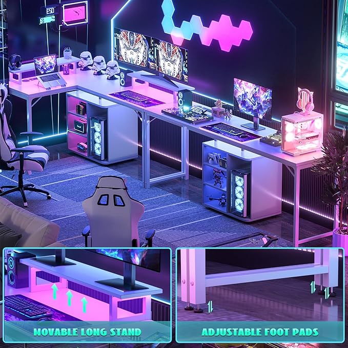 Cyclysio L Shaped Gaming Desk with Wood Cabinet, 58" Large Corner Desk with LED Lights & Power Outlet, Reversible Computer Desk with Monitor Stand, Home Office Desk 2 Person Corner Desk, White - LeafyLoom