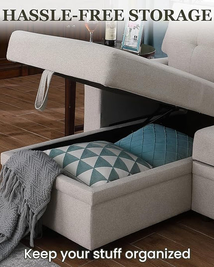 L Shape Sleeper Sofa Bed with Storage, Large Full Size Pull Out Sectional Couch, Futon Chaise Lounge Recliner for Living Room, Apartment, Bedroom, Office, Beige - LeafyLoom