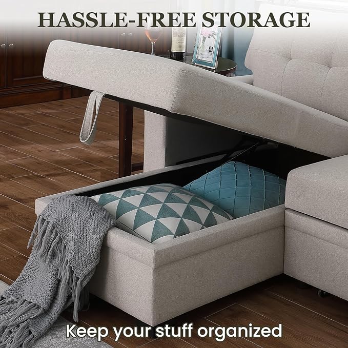 L Shape Sleeper Sofa Bed with Storage, Large Full Size Pull Out Sectional Couch, Futon Chaise Lounge Recliner for Living Room, Apartment, Bedroom, Office, Beige - LeafyLoom