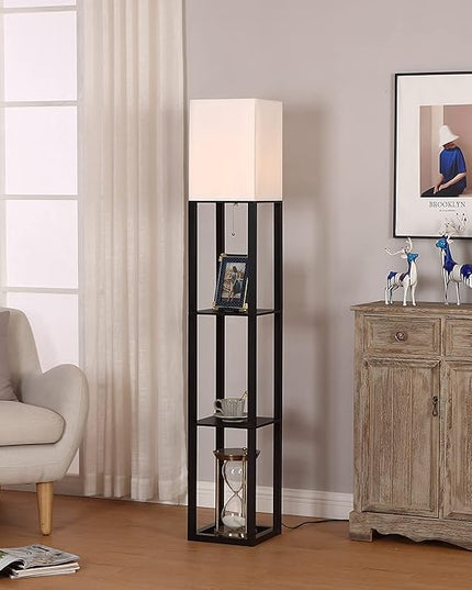 Floor Lamp,Shelf Floor Lamp with LED Bulb,Display Shelves Floor Lamp,Floor Lamp for Living Room,Floor Lamp for Bedroom,White Linen Shade,Wood,Black - LeafyLoom