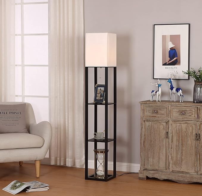 Floor Lamp,Shelf Floor Lamp with LED Bulb,Display Shelves Floor Lamp,Floor Lamp for Living Room,Floor Lamp for Bedroom,White Linen Shade,Wood,Black - LeafyLoom