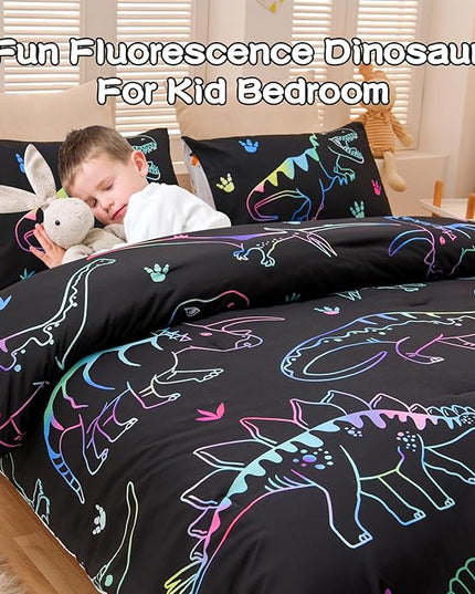 Meeting Story Dinosaur Comforter Set,Fluorescence Dinosaur Colorful Pattern Twin Comforter Set, 3 PCS 1 Comforter and 2 Pillowcases in One Bag, All Season Bedspread for Kids Teens Adults(Full) - LeafyLoom