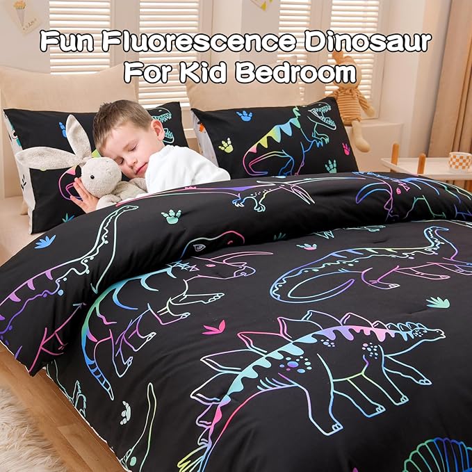 Meeting Story Dinosaur Comforter Set,Fluorescence Dinosaur Colorful Pattern Twin Comforter Set, 3 PCS 1 Comforter and 2 Pillowcases in One Bag, All Season Bedspread for Kids Teens Adults(Full) - LeafyLoom