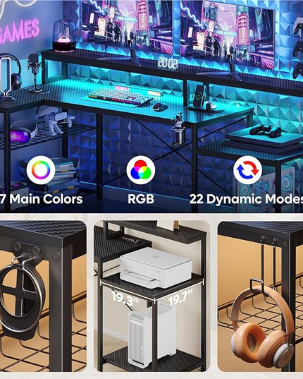 Bestier Gaming Desk with Power Outlets, 71.5 LED Computer Desk with Long Monitor Stand, Large L Shaped Corner Desk with Storage Shelf, Cup Holder Headset Hooks, Cool Desk for Gaming Room, Black - LeafyLoom