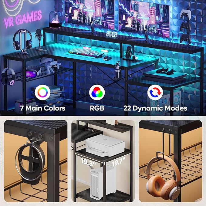 Bestier Gaming Desk with Power Outlets, 71.5 LED Computer Desk with Long Monitor Stand, Large L Shaped Corner Desk with Storage Shelf, Cup Holder Headset Hooks, Cool Desk for Gaming Room, Black - LeafyLoom