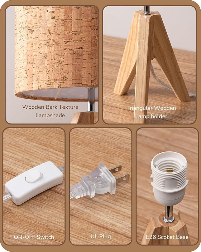 EDISHINE Small Table Lamp, Wooden Tripod Nightstand Lamp with Bark Linen Shade, Farmhouse Bedside Lamp for Nursery, Bedroom, Kids Room, Office, Reading Desk, 14.2 Inch, E26 Socket, ON/Off Switch - LeafyLoom