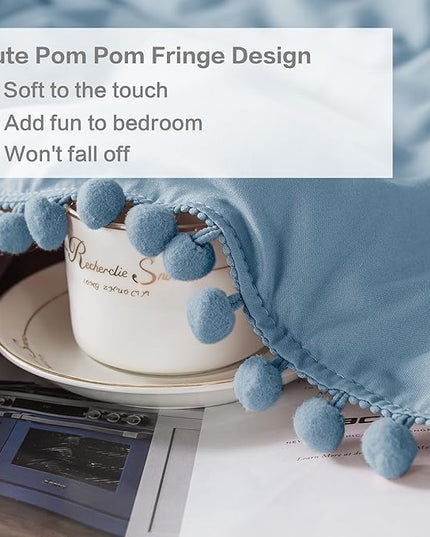Litanika Queen Size Comforter Set Grey Blue,3 Pieces Grey Blue Boho Pom Pom Lightweight Bed Comforter, All Season Soft Solid Color Bedding Comforter Sets (1 Comforter 90x90 Inch, 2 Pillowcases) - LeafyLoom