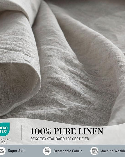 Simple&Opulence 100% Washed Linen Sheet Set-King Size-Natural France Flax Bed Sheet-4 Pcs Breathable,Ultra Soft,Farmhouse Bedding (1 Flat Sheet,1 Fitted Sheet,2 Pillowcases)-Embroidery Grey - LeafyLoom