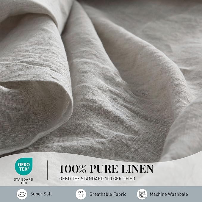Simple&Opulence 100% Washed Linen Sheet Set-King Size-Natural France Flax Bed Sheet-4 Pcs Breathable,Ultra Soft,Farmhouse Bedding (1 Flat Sheet,1 Fitted Sheet,2 Pillowcases)-Embroidery Grey - LeafyLoom