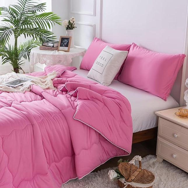 COTTEBED Softness Comforter Set KING Size Bed, Jersey Knit T-Shirt Feel Ultra-Soft Breathable Comy Cozy Lightweight Bedding Down Blanket Pillowsham Women Girl All Season, California/Cal King Rose Pink - LeafyLoom