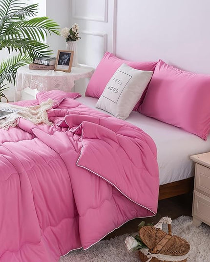 COTTEBED Rose Pink Comforter Queen Size, Jersey Knit T-Shirt Feel Ultra-Soft Cute Cozy Durable Lightweight Bedding Blanket Down Conforter Set and Pillowcase for Women Girl All Season Use Full/Queen - LeafyLoom