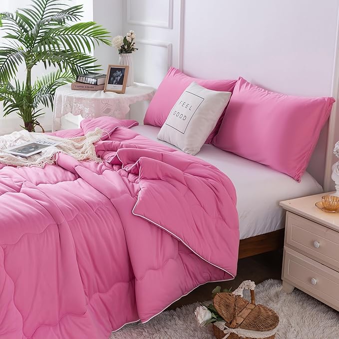 COTTEBED Rose Pink Comforter Queen Size, Jersey Knit T-Shirt Feel Ultra-Soft Cute Cozy Durable Lightweight Bedding Blanket Down Conforter Set and Pillowcase for Women Girl All Season Use Full/Queen - LeafyLoom