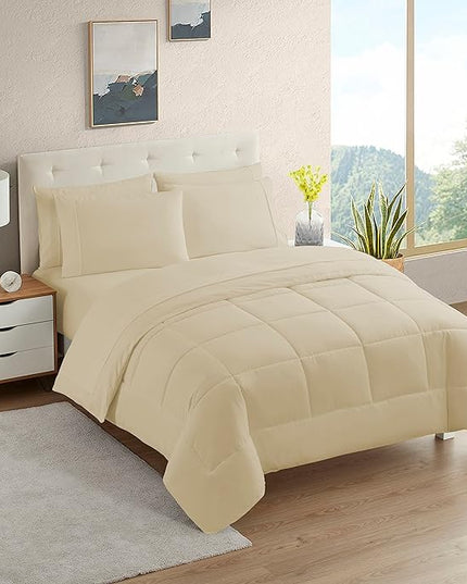 Dorm Room Essentials College Bedding Comforter Set 5 Piece Twin Size Bed in a Bag for College Students Boys and Girls, Twin, Cream/Beige - LeafyLoom