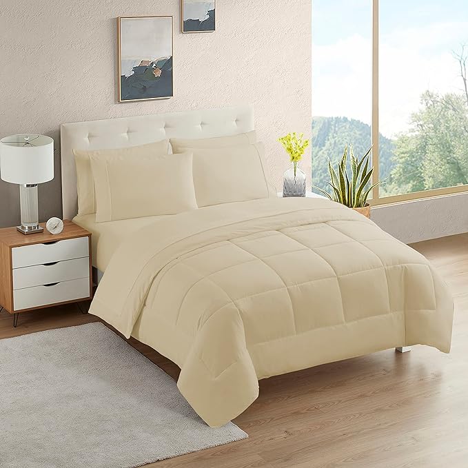 Dorm Room Essentials College Bedding Comforter Set 5 Piece Twin Size Bed in a Bag for College Students Boys and Girls, Twin, Cream/Beige - LeafyLoom