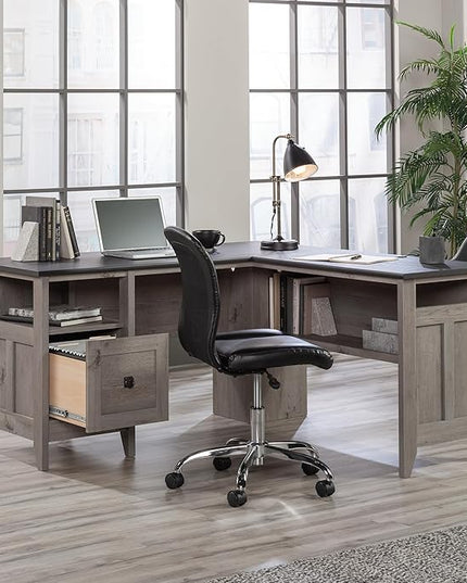 Sauder August Hill L-Shaped Home Office Desk, L: 59.06" x W: 58.74" x H: 29.25", Mystic Oak finish - LeafyLoom