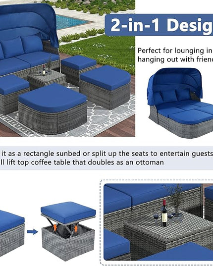 Rectangle Furniture Daybed Sunbed with Retractable Canopy, Outdoor Wicker Conversation Set with Cushions for Patio, Backyard, Porch, Garden, Bc-Blue + Rattan - LeafyLoom