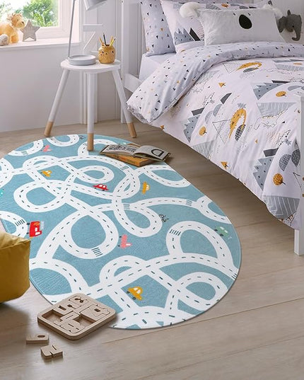 LIVEBOX Blue 3'x5' Non-Slip Kids Play Rug, Machine Washable Road Mat for Playroom, Toy Room Carpet with Cartoon Design for Boys and Girls - LeafyLoom