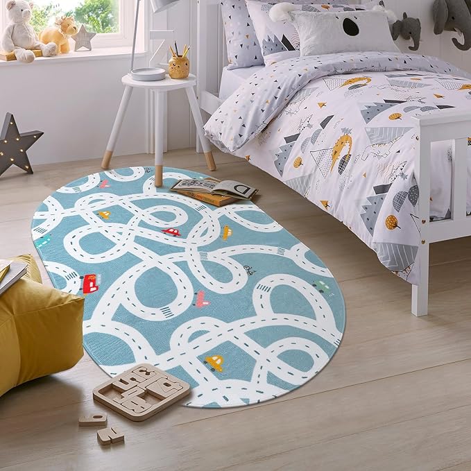 LIVEBOX Blue 3'x5' Non-Slip Kids Play Rug, Machine Washable Road Mat for Playroom, Toy Room Carpet with Cartoon Design for Boys and Girls - LeafyLoom