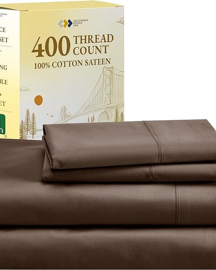 California Design Den Brown Full Size Sheet Set, 400 Thread Count 100% Cotton Sateen - Soft, Breathable & Cooling Brown Sheet Set, 4-Pc Deep Pocket Bed Sheets - Brown - LeafyLoom