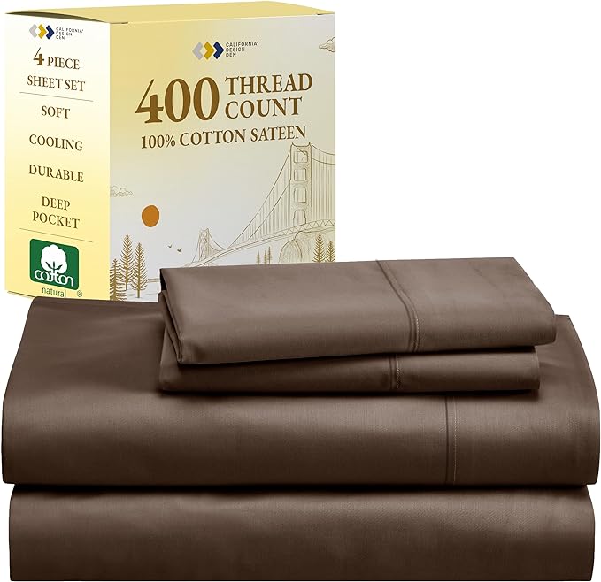 California Design Den Queen Sheet Set 400 Thread Count, 100% Cotton Sateen Sheets for Queen Size Bed - Soft, Breathable & Cooling Brown Sheet, 4-Pc Deep Pocket Bed Sheets - Brown - LeafyLoom