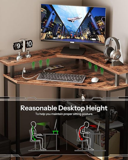 HOOBRO Corner Desk, Gaming Table with Charging Station and LED Strip, 90° Corner Computer Table, Mobile PC Holder, Adjustable Mesh Shelf, for Small Space/Home Office, Rustic Brown and Black BB70UDDN01 - LeafyLoom