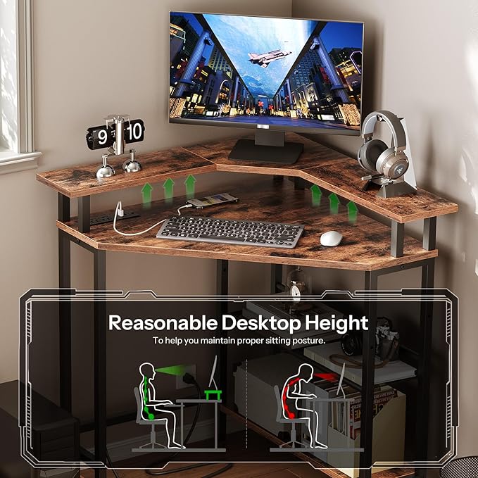 HOOBRO Corner Desk, Gaming Table with Charging Station and LED Strip, 90° Corner Computer Table, Mobile PC Holder, Adjustable Mesh Shelf, for Small Space/Home Office, Rustic Brown and Black BB70UDDN01 - LeafyLoom