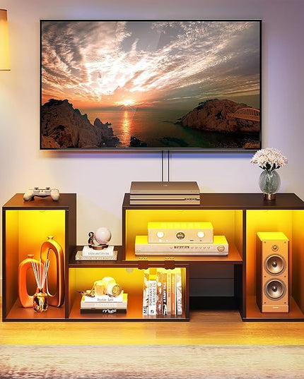YITAHOME 42" Deformable TV Stand w/LED Strip, Modern Entertainment Center for 70/65/60/55/50/45 inch TVs, Gaming TV Consoles 2 Pieces Media Console Cabinet for Living Room, Black - LeafyLoom