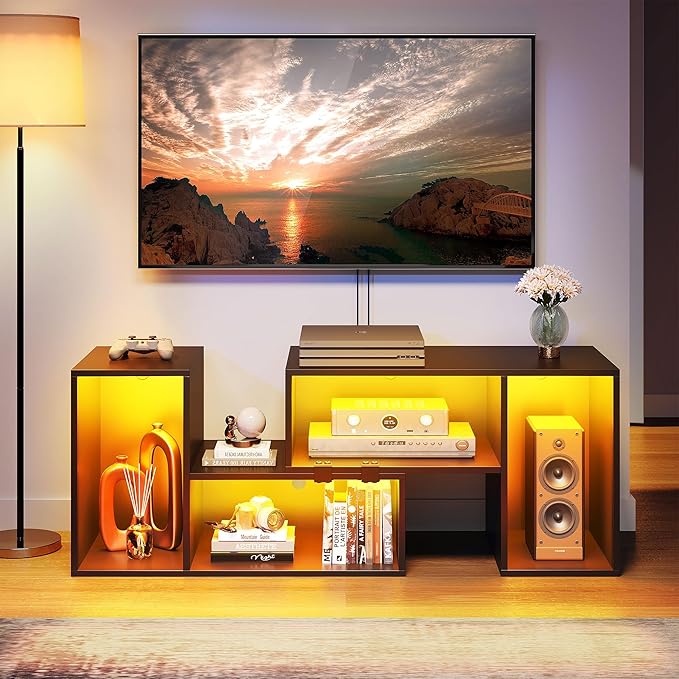 YITAHOME 42" Deformable TV Stand w/LED Strip, Modern Entertainment Center for 70/65/60/55/50/45 inch TVs, Gaming TV Consoles 2 Pieces Media Console Cabinet for Living Room, Black - LeafyLoom