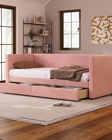 Twin Size Upholstered Daybed with 2 Storage Drawers, Corduroy Sofa Bed Frame for Living Room, Bedroom, Wood Slat Support, Pink - LeafyLoom