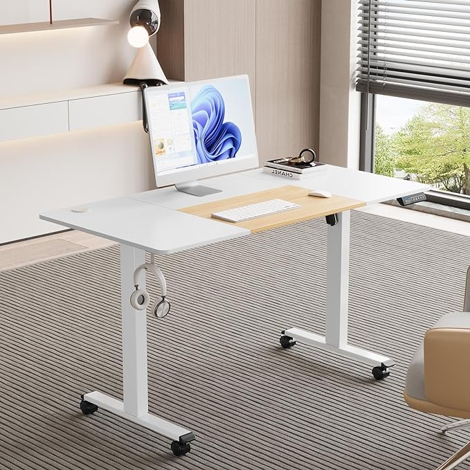 MOUNTUP 55x28 Inches Electric Height Adjustable Standing Desk, Sit Stand Desk with Memory Controller, Ergonomic Stand Up Desk for Home Office with Splice Board, White+Oak - LeafyLoom