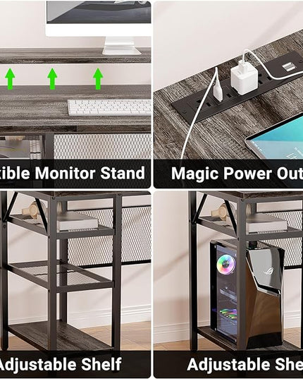 L Shaped Computer Desk with Magic Power Outlets and Smart LED Light, Reversible Office Corner Desk with Ergonomic Monitor Stand, Large Gaming Table with Storage, Sleek Grid Design, Black Oak - LeafyLoom