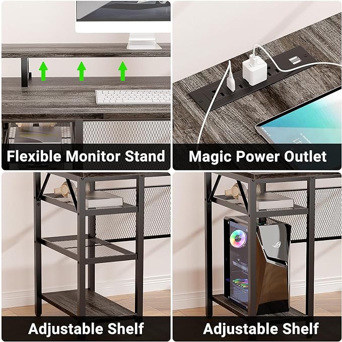 L Shaped Computer Desk with Magic Power Outlets and Smart LED Light, Reversible Office Corner Desk with Ergonomic Monitor Stand, Large Gaming Table with Storage, Sleek Grid Design, Black Oak - LeafyLoom