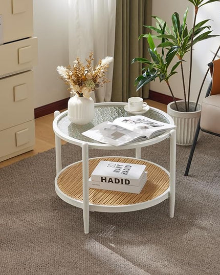 VINGLI 25.6" White Rattan Coffee Table, Round Water-wave Glass Metal Center Table, Modern Coffee Tbale with 2-Tier Storage, Farmhouse Circular Coffee table for Living Room and Small Space - LeafyLoom