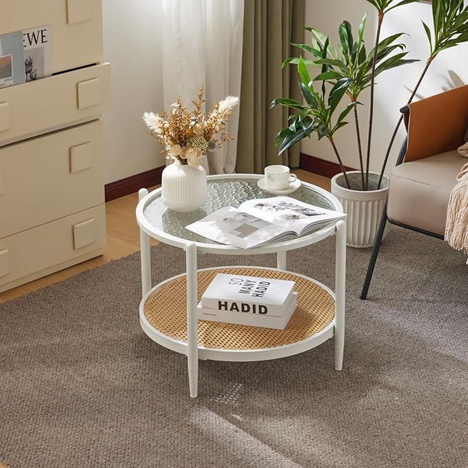 VINGLI 25.6" White Rattan Coffee Table, Round Water-wave Glass Metal Center Table, Modern Coffee Tbale with 2-Tier Storage, Farmhouse Circular Coffee table for Living Room and Small Space - LeafyLoom